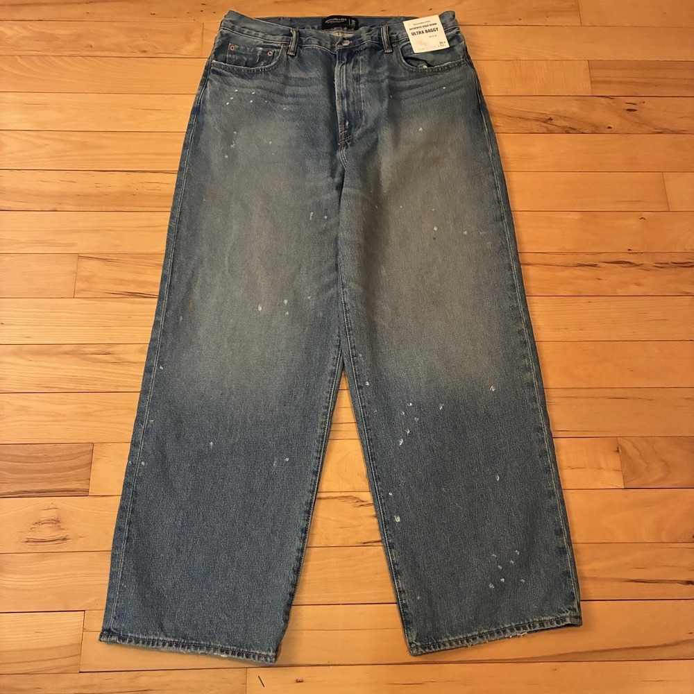 NWT Abercrombie Rigid Denim Ultra Baggy Jeans Mens 36x32 Blue Med Wash Splatter